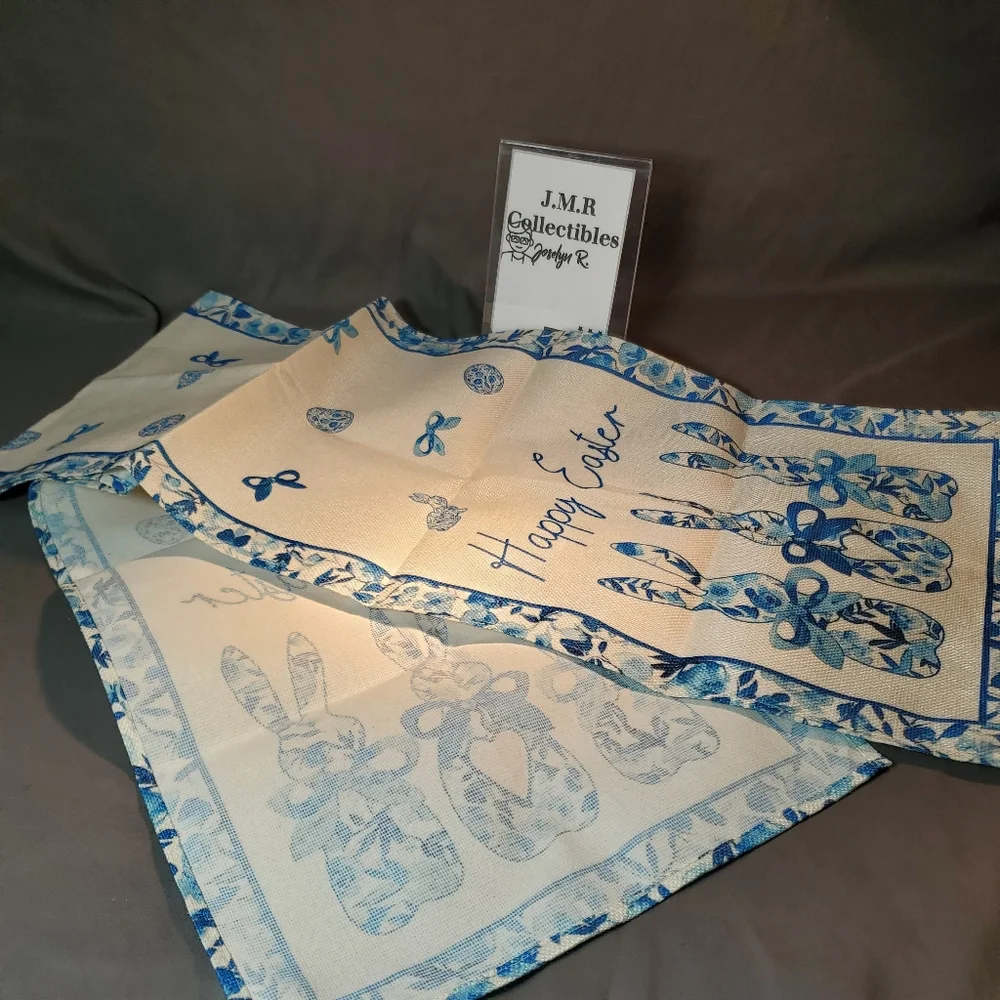 Blue porcelain bunny, happy Easter table runner 13x60 inch - Picture 8 of 10